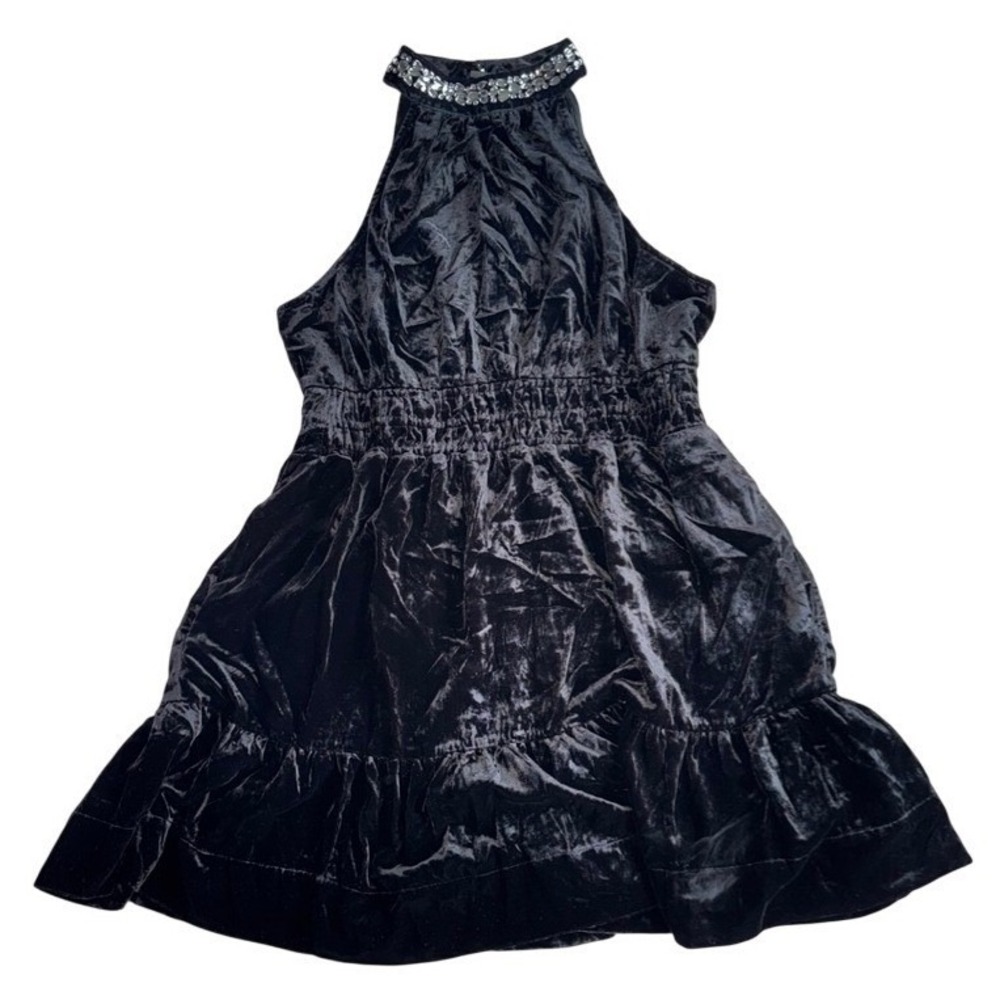 Anthropologie Black Velvet Halter Neck Beaded Embellished Mini Cocktail Party